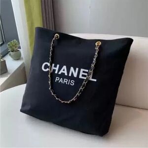 CHANEL GWP Paris Black Canvas Tote Bag with Chain Handles